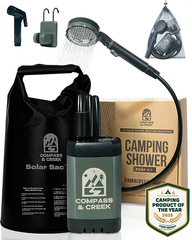 The full Camping Shower Pump Kit laid out: Solar Sac, hose, shower head, mesh bag and box